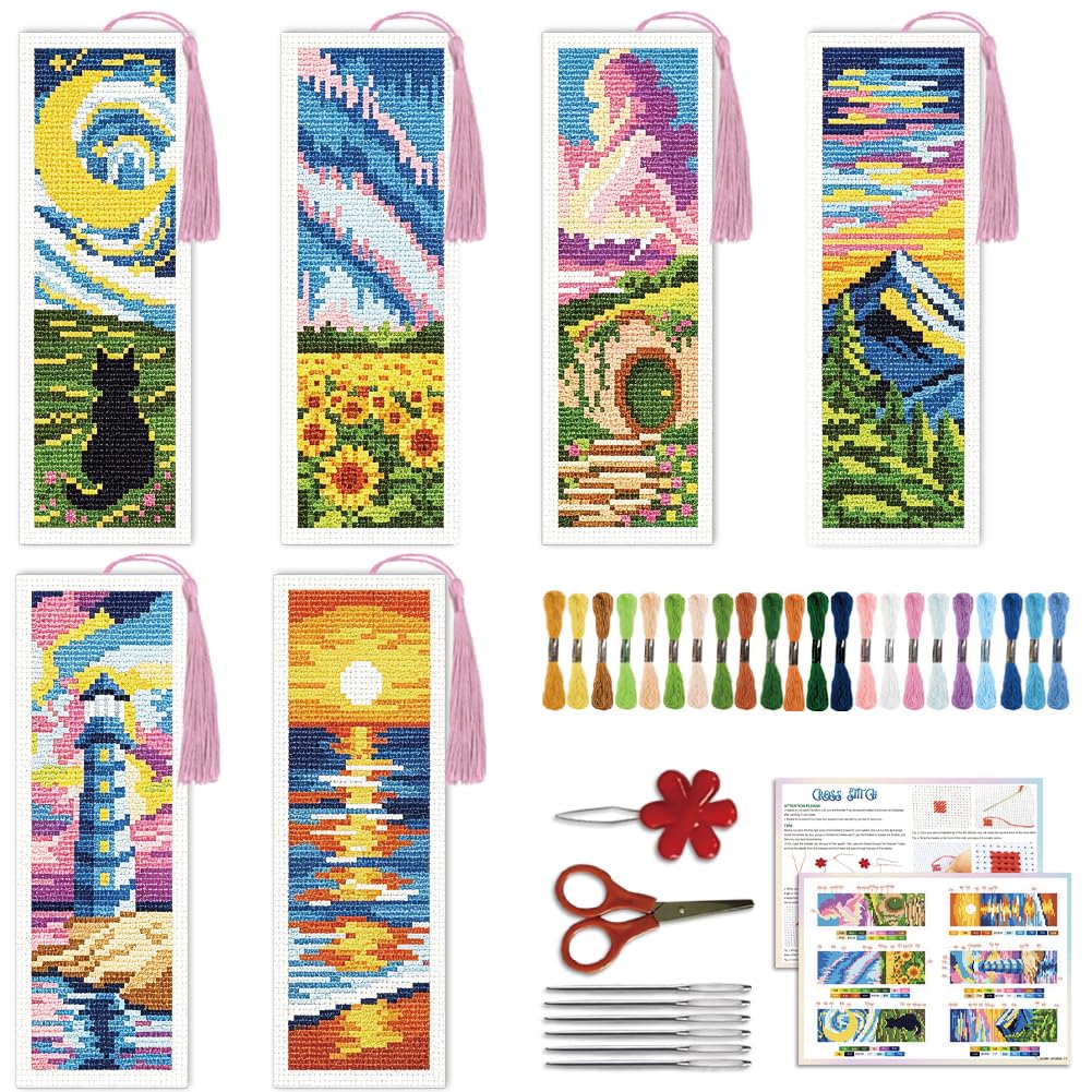ACRNIGHEET 6PCS Cross Stitch Bookmark Kit for Beginner(Brilliant Scenery)