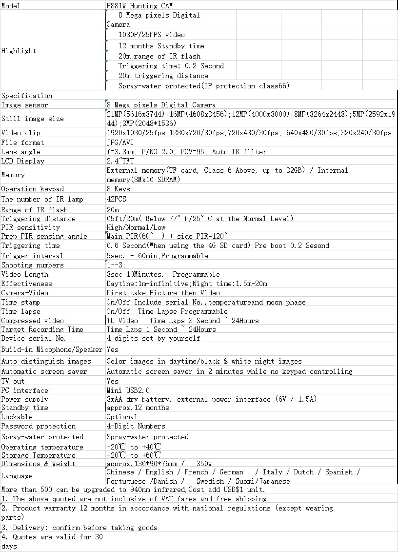 Detailed specifications table for the H881 Hunting Camera