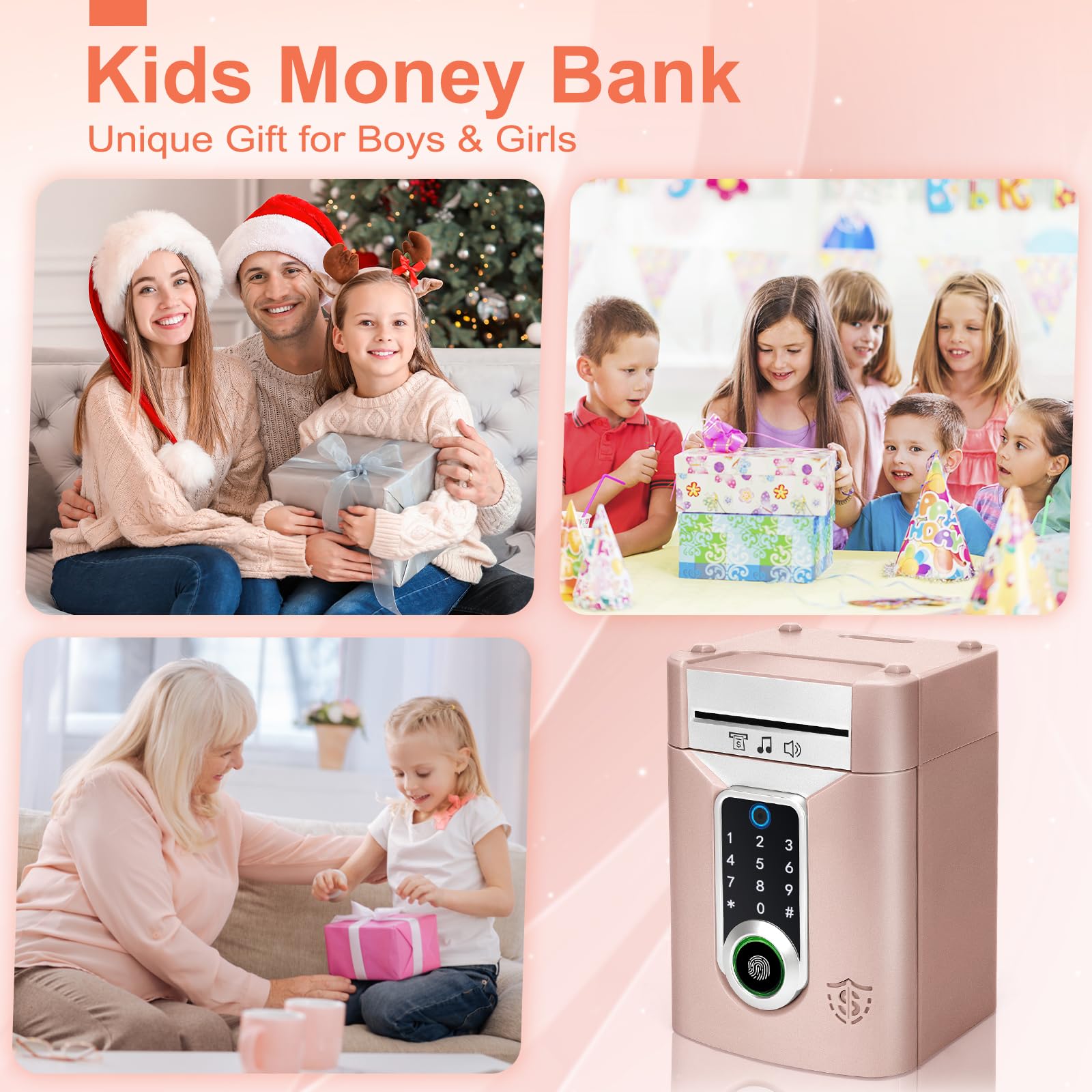 Highttoy Salvadanaio Bambina, Salvadanaio Elettronico con Touchscreen e Impronta Digitale, Regalo Bambina 3-12 Anni Giochi Bimba, Cassaforte Salvadanaio Bancomat per Bambini, Oro Rosa