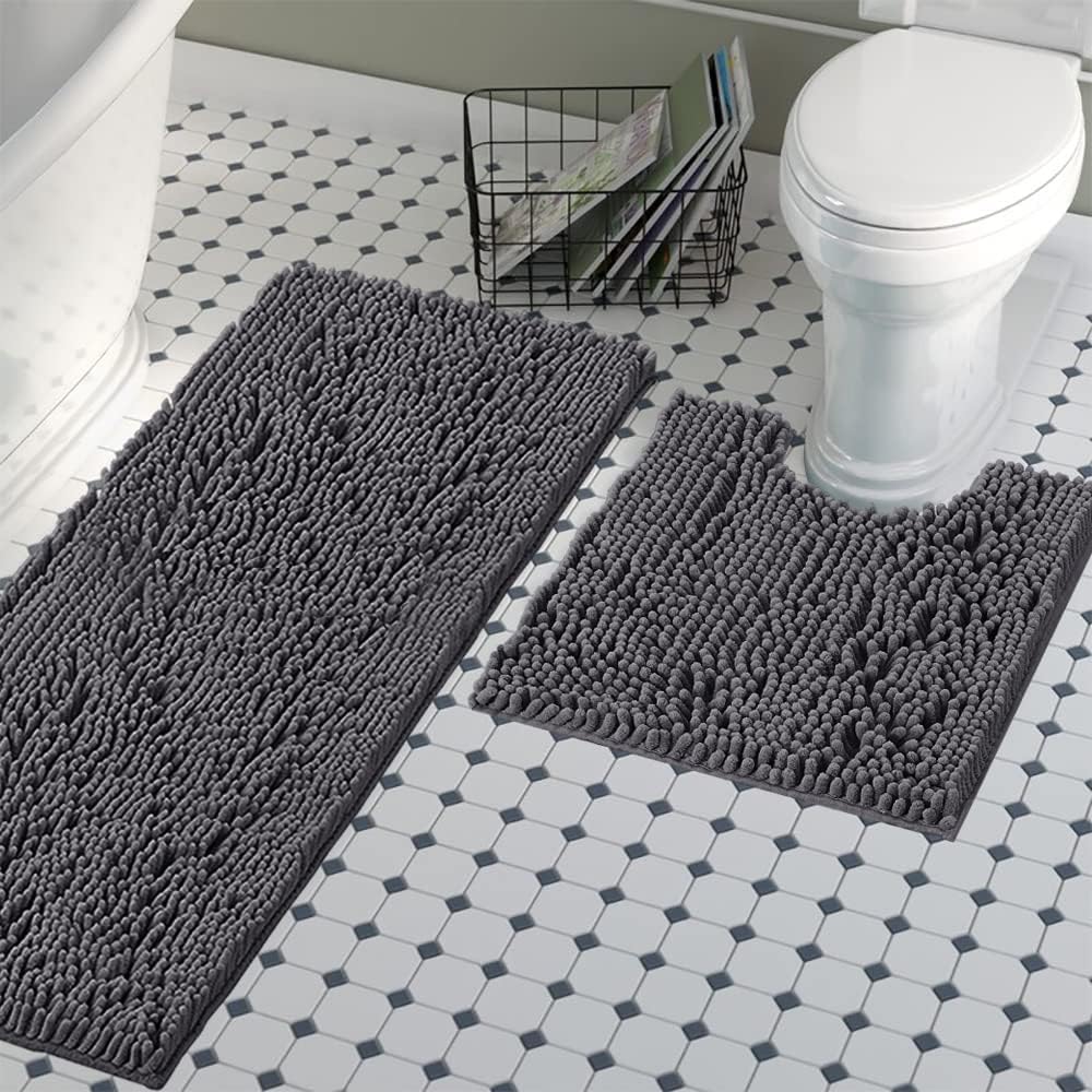 H.VERSAILTEX Rectangle Bathroom Rug Mat 59 X 20 Bundle Toilet Mat U Shaped 20 X 24 -Grey