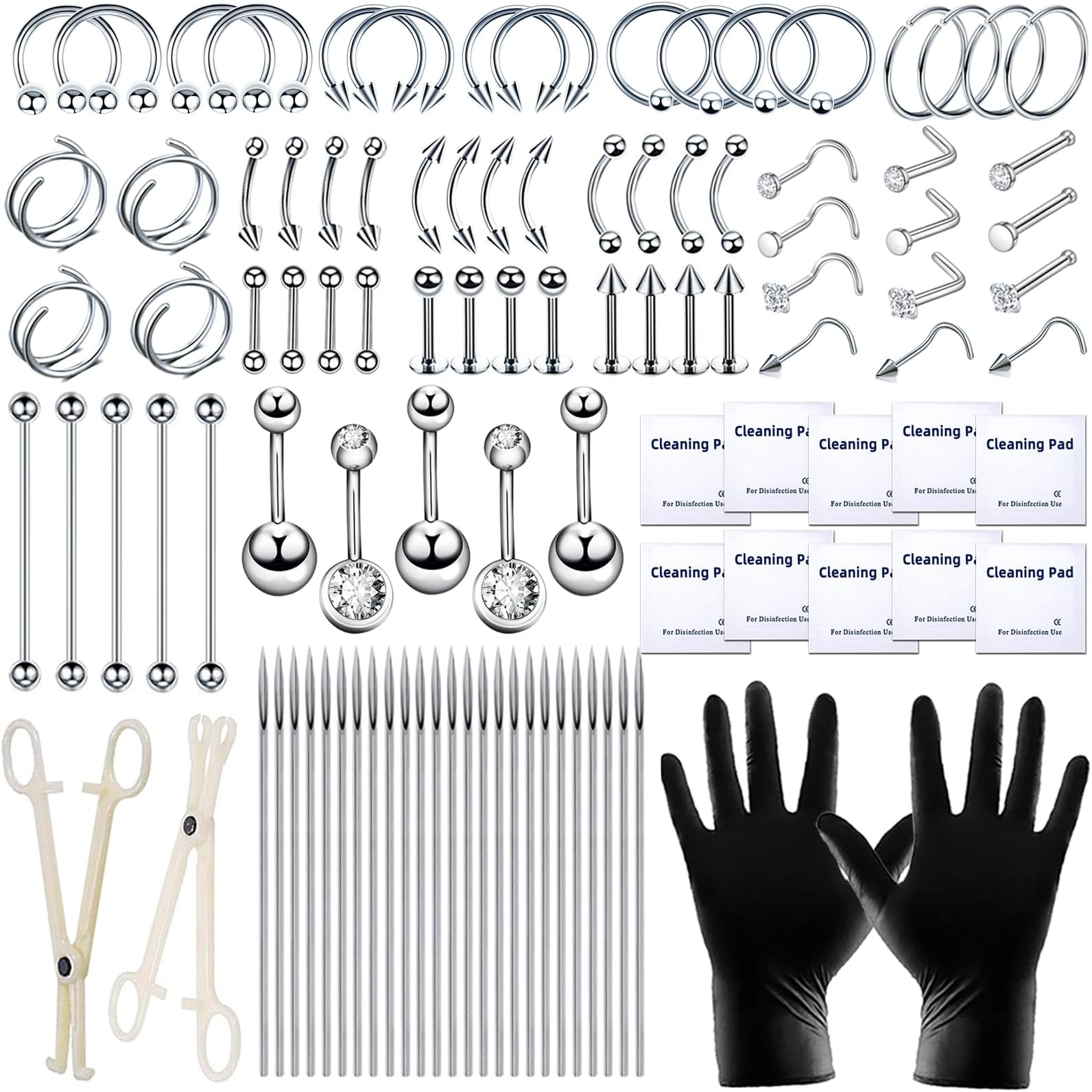 TKKUY 103PCS Piercing Kit for all Body Piercings Stainless Steel Piercing Jewelry with 12G 14G 16G 20G Piercing Needles and Tools for Nose Septum Belly Button Lip Ear Tongue Cartilage Eyebrow Tragus