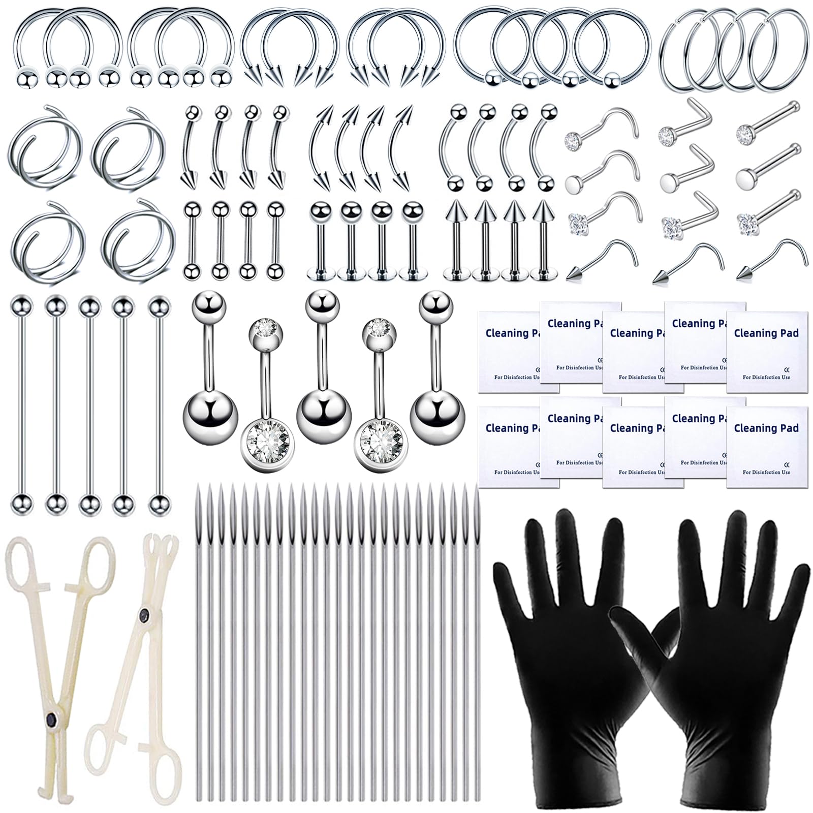 TKKUY103PCS Piercing Kit for all Body Piercings Stainless Steel Piercing Jewelry with 12G 14G 16G 20G Piercing Needles and Tools for Nose Septum Belly Button Lip Ear Tongue Cartilage Eyebrow Tragus
