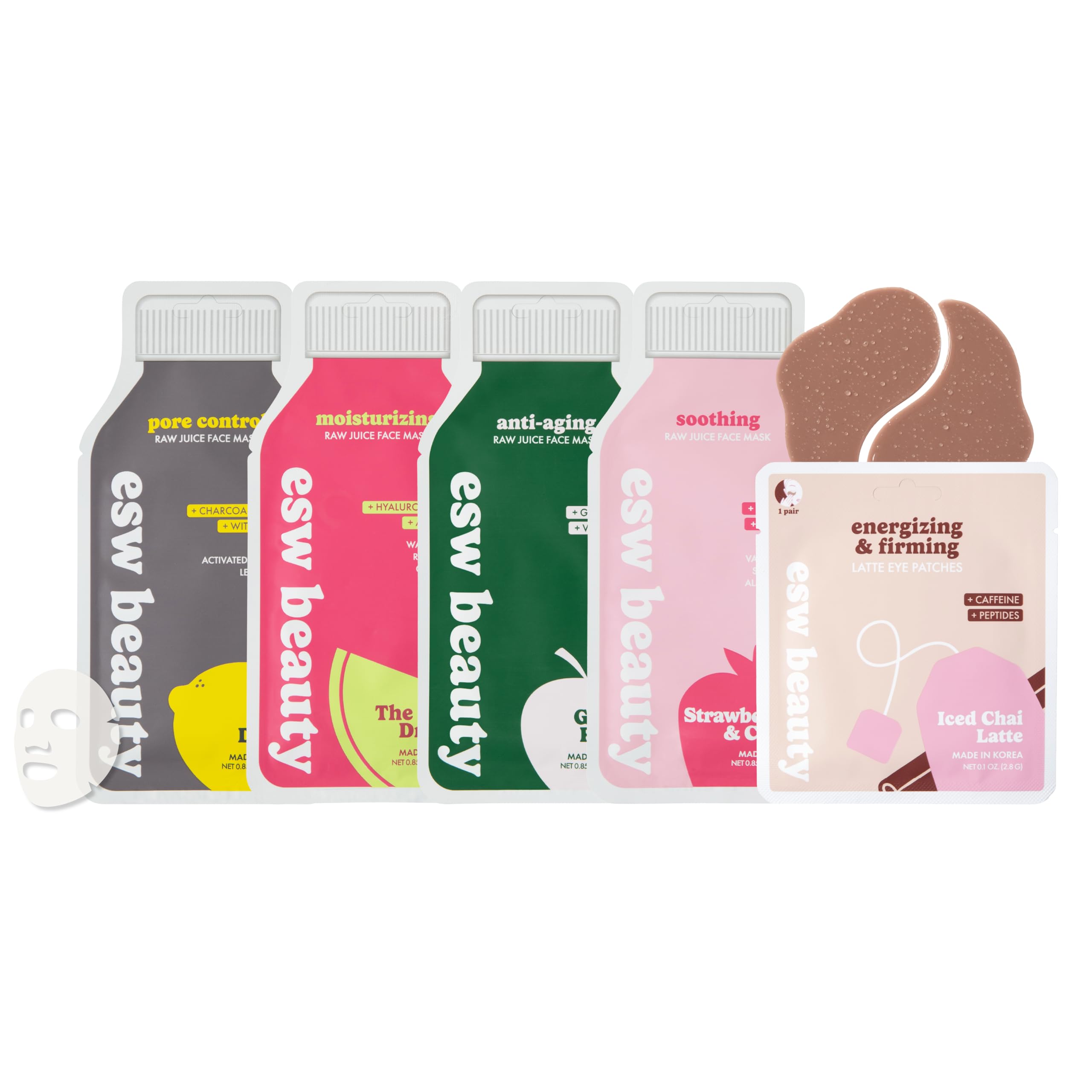 ESW Beauty Most Loved K Beauty Skincare Set - Hydrating Face Masks & Under Eye Patches - Iced Chai Latte Eye Patches - Strawberries & Cream, Deep Detox, The Pink Dream, & Green Reset Face Masks