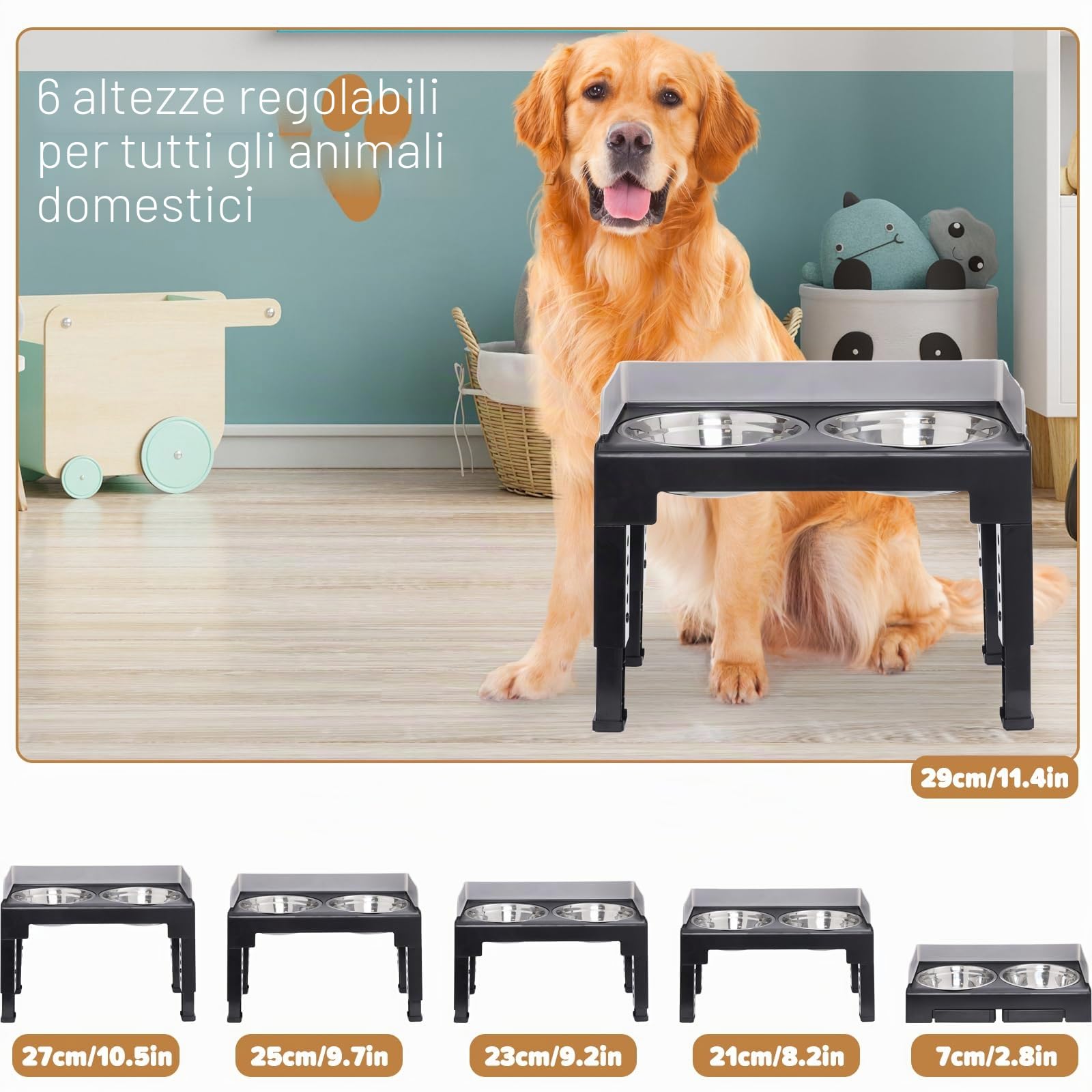 Ciotole Rialzate Regolabili per Cani 6 Altezze,2 Ciotole in Acciaio Inox,Pieghevole,Antiscivolo Adatte a Cani Piccoli,Medi e Grandi