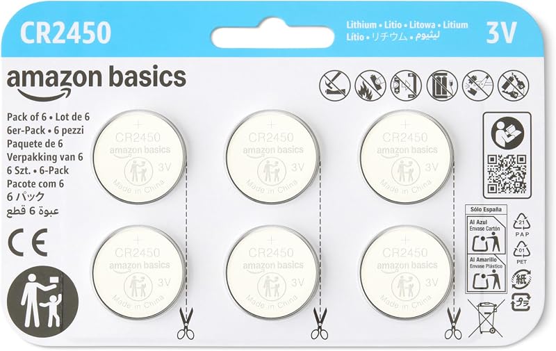 Amazon Basics 6-Pack CR2450 Lithium Coin Cell Battery, 3 Volt, Long Lasting Power, Mercury-Free, Child-Safe Package (Use Scissors to Open)