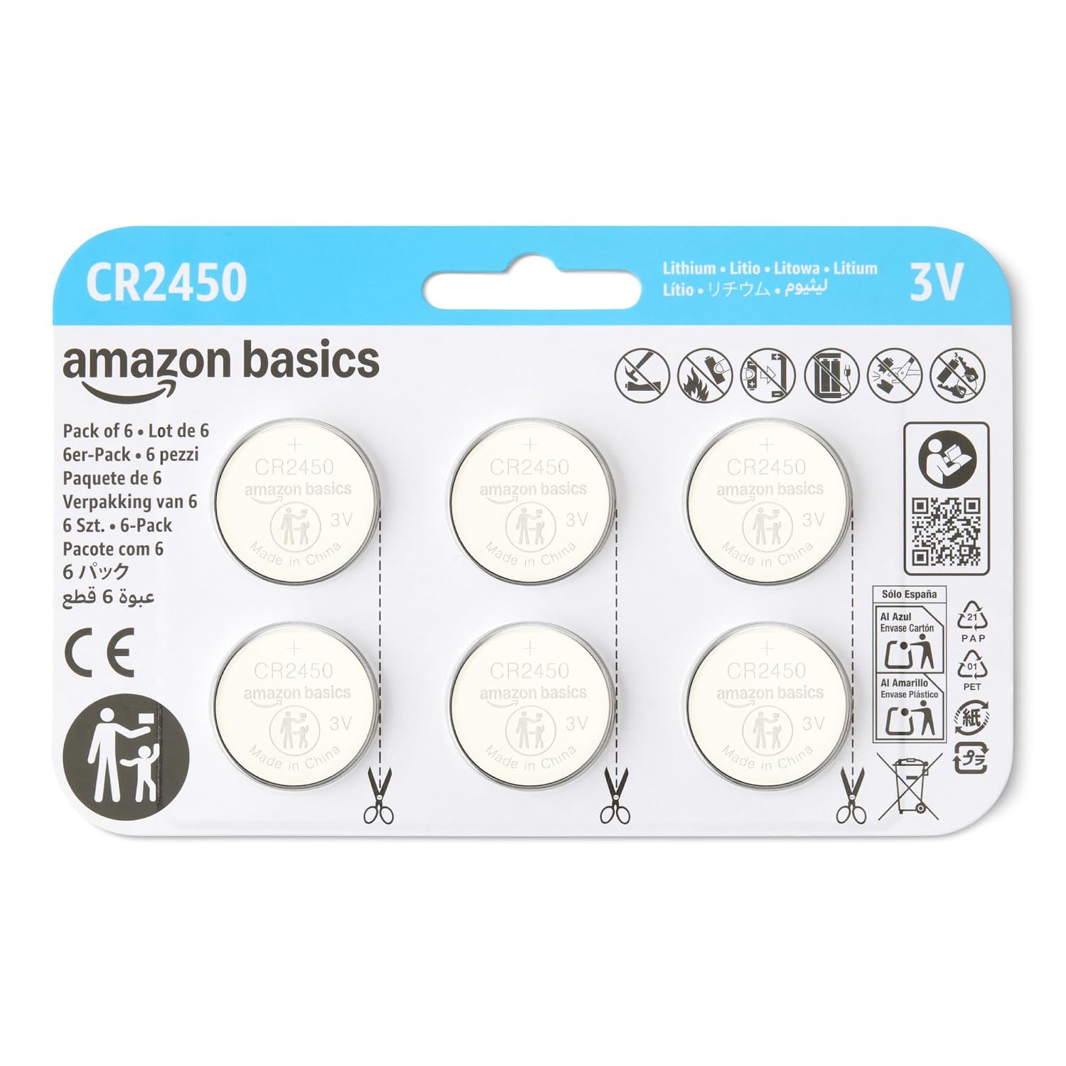 Amazon Basics 6-Pack CR2450 Lithium Coin Cell Battery, 3 Volt, Long Lasting Power, Mercury-Free, Child-Safe Package (Use Scissors to Open)