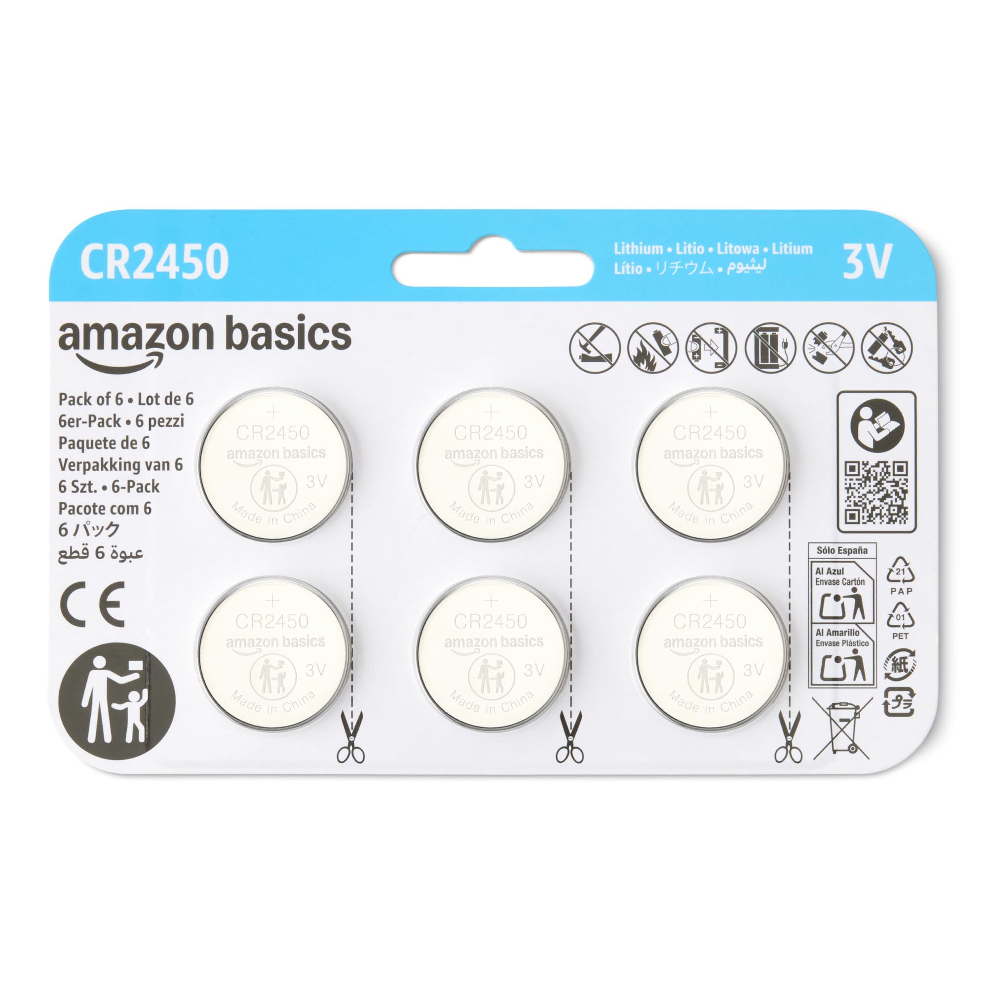 Amazon Basics Paquete de 6 Pilas de Litio CR2450, 3 voltios, Larga duración, sin Mercurio, Paquete Seguro para Niños (USA Tijeras para Abrirlo) CR2450 Paquete de 6