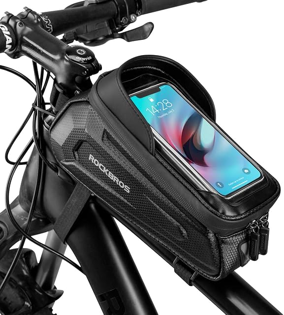 ROCKBROS Torba na Ramę Roweru, Wodoodporna Torba na Telefon, Nadaje Się do Telefonów o Przekątnej do 6,8 cala, z Czułym Ekranem Dotykowym TPU, do Rowerów Górskich, Wyścigowych, E-rowerów itd.