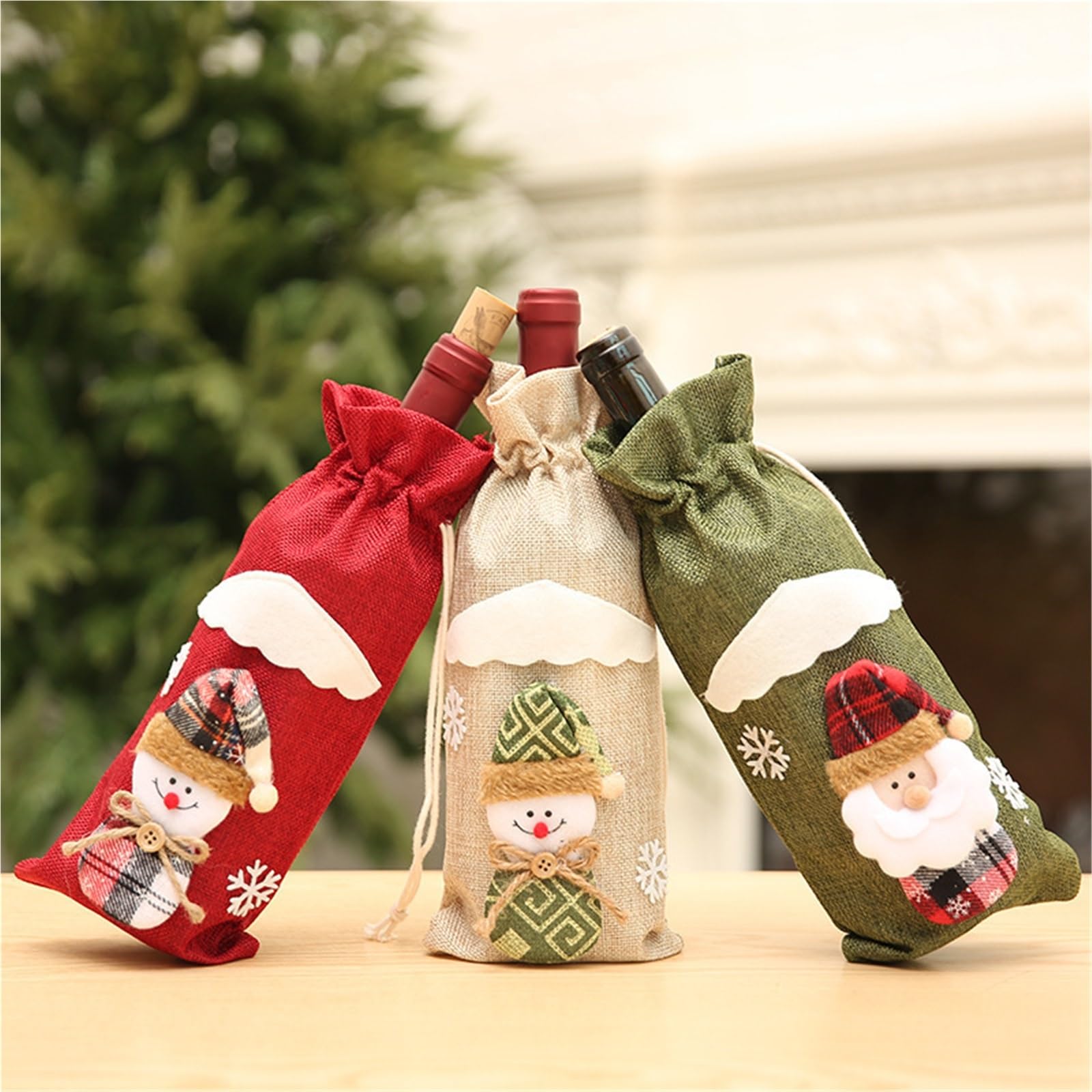 Lot de 3 Housses Bouteille vin Rouge Champagne Noël, Sac en Lin, Ensemble Bouteilles Table, Habillage pour Bouteilles