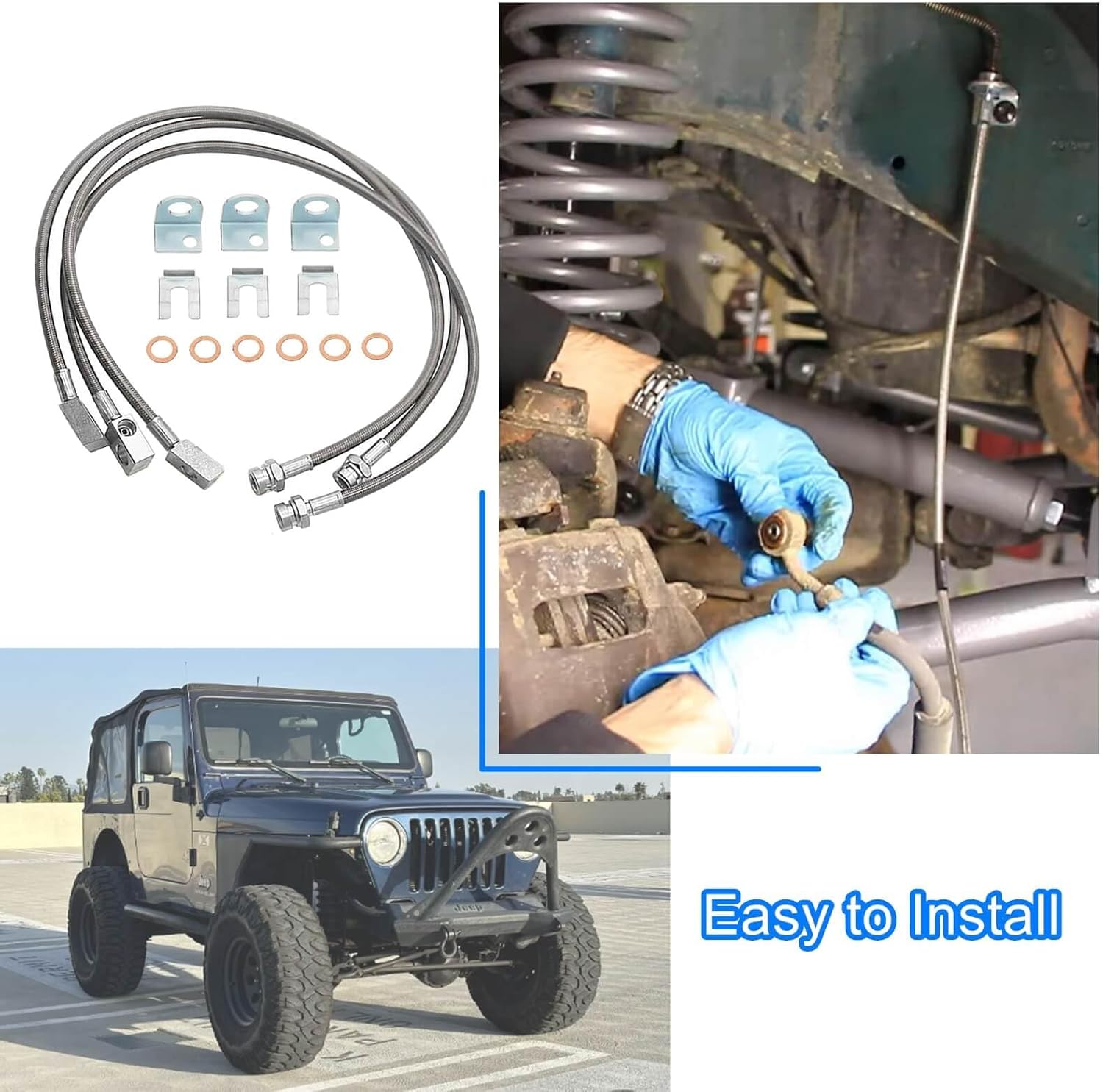 89715 Front/Rear Extended Brake Lines Replacement for Jeep Wrangler TJ YJ 1987-2006 ，For Cherokee XJ 1984-2001, Stainless Brake Line 4-6"