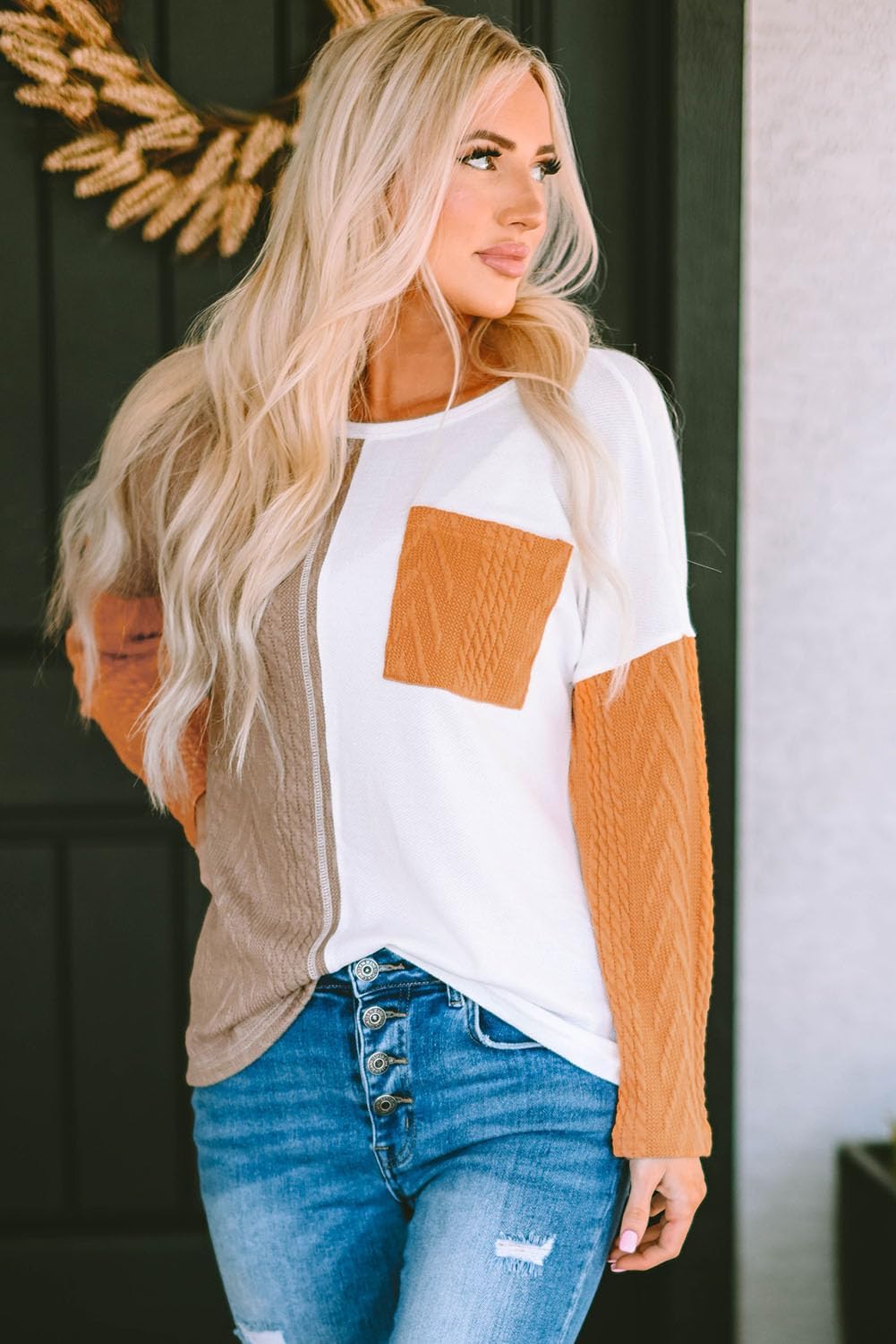Orange Long Sleeve Colorblock Chest Pocket Textured Knit Top - Image 9