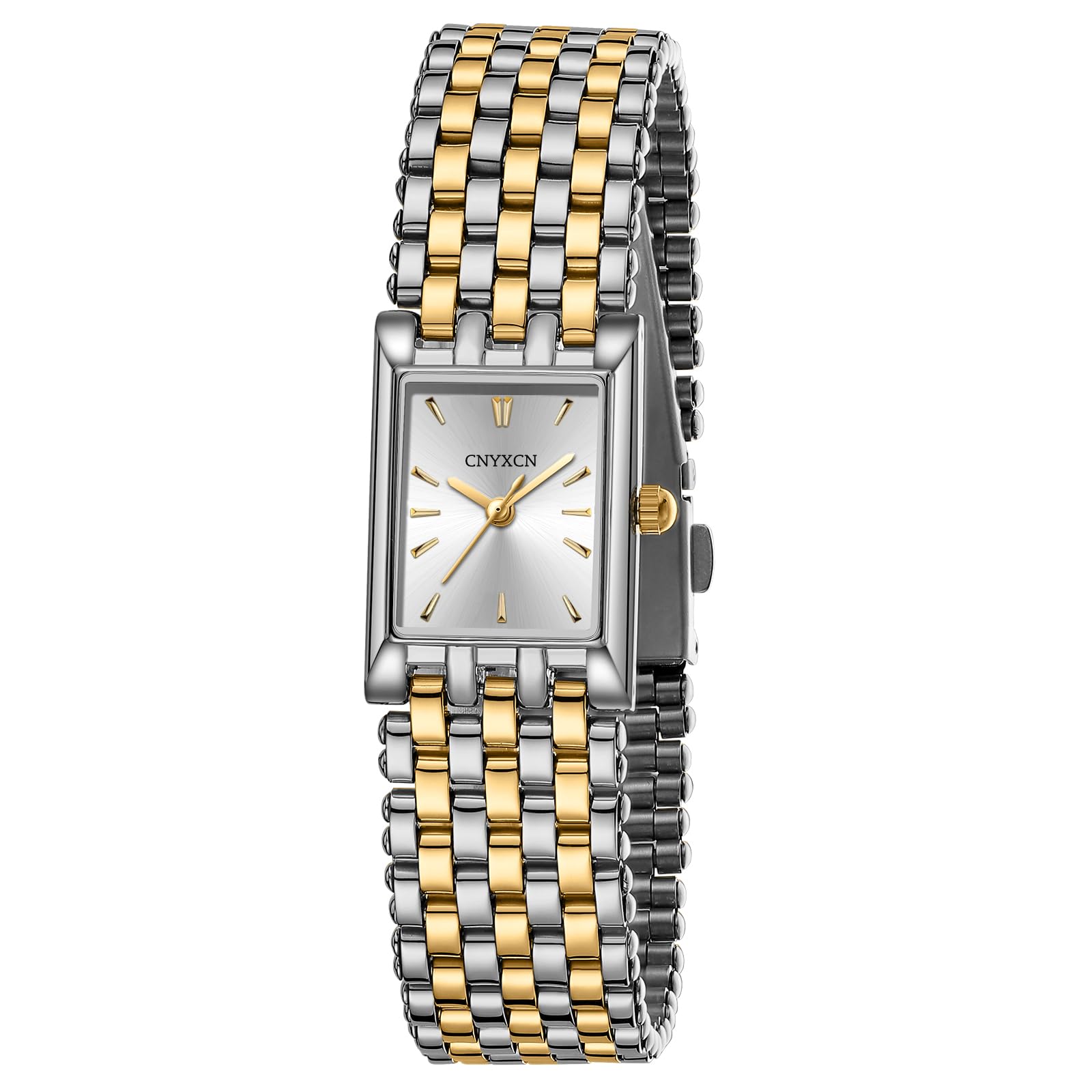 CNYXCN Reloj de pulsera cuadrado de cuarzo para mujer con correa de acero inoxidable, herramienta de ajuste de pulsera incluida, Dorado, plateado y dorado