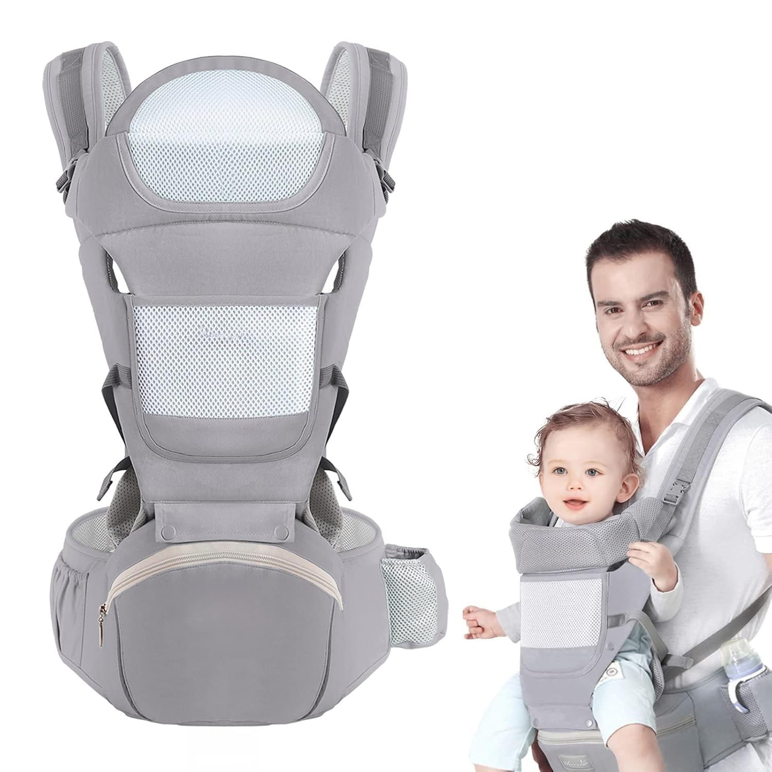 VPGS Baby Carrier with Hip Seat,Ergonomic M Position 6in1 Baby Carrier Newborn to Toddler,Head Support and Breathable Mesh Newborn Carrier,Adjustable Baby Holder Carrier for Dad&Mom-Grey-image-43