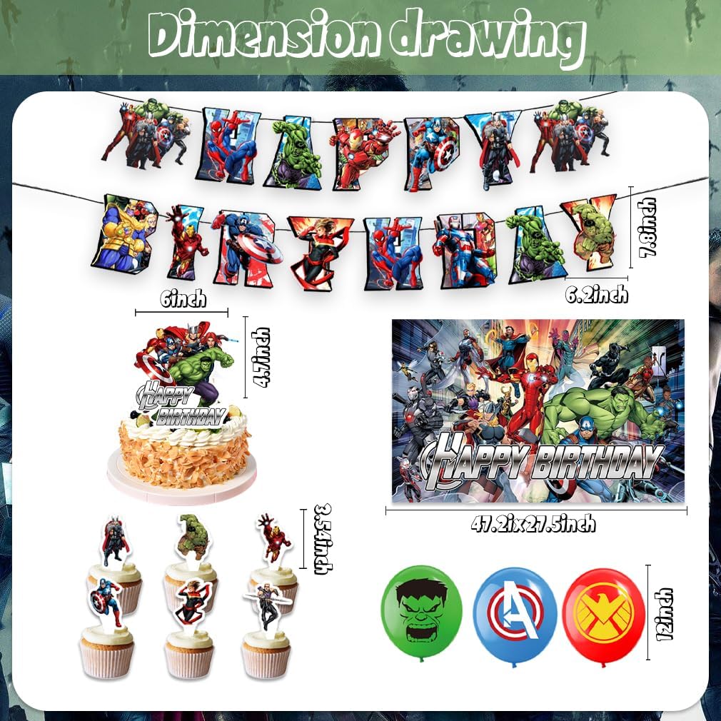 42Pcs Avengers Party Supplies Pack Includes，Banner，Cake Topper，Blackdrop,Balloons for Superhero party Decoration