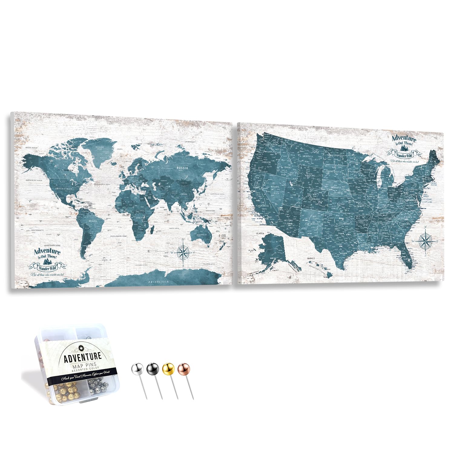 IPIC Antique Blue World Map Pin Board and USA Map, Set of 2, Size 24x16 in