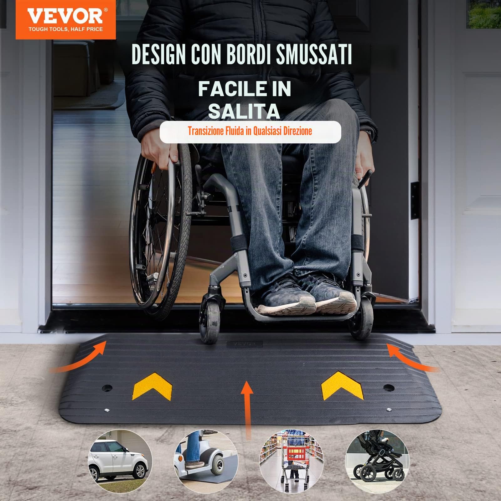 VEVOR Rampa soglia gomma, porta della rampa soglia soglia soglia soglia potenza gomma riciclata nominale 3000 libbre, capacità carico antiscivolo gomma solida per sedia rotelle e scooter