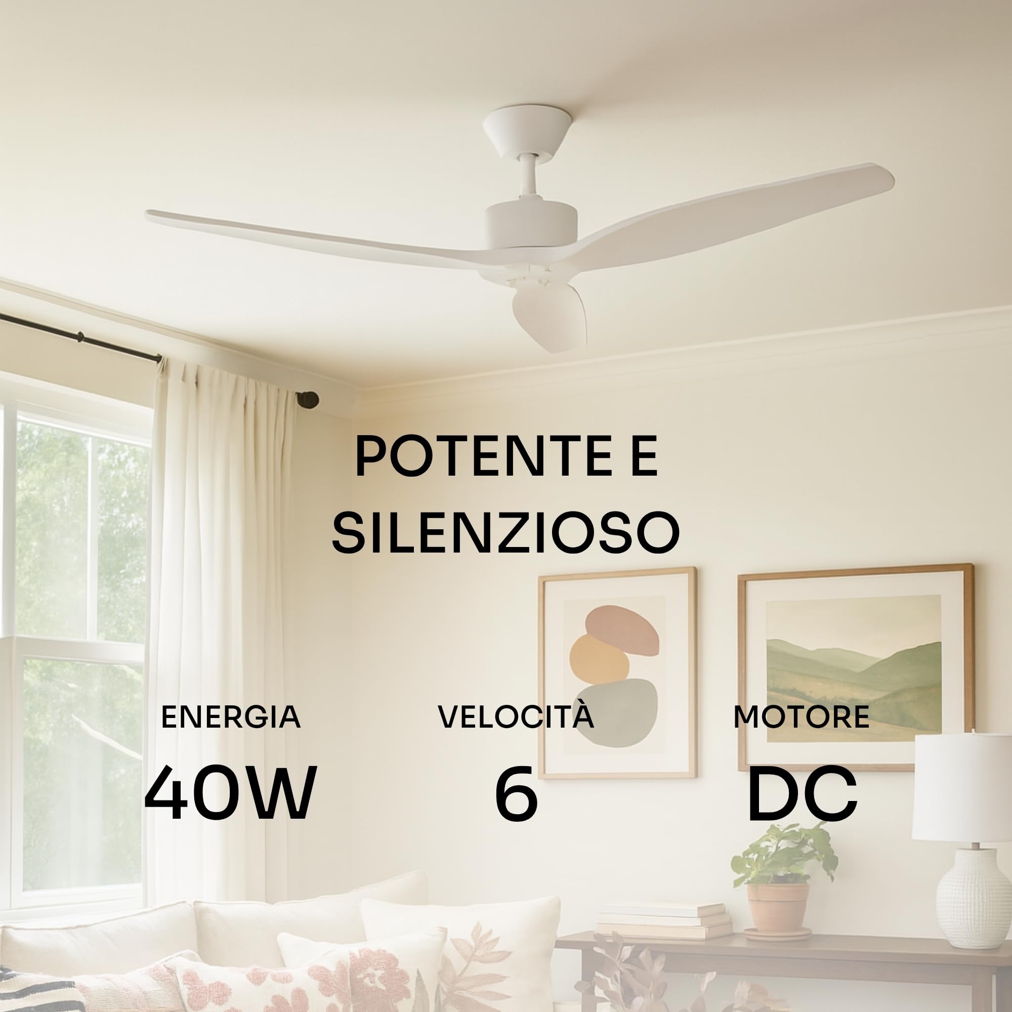 Mellerware - Ventilatore da soffitto con telecomando Brizy! 45W | Potente, Ultra silenzioso | 3 pale | Diametro 132cm | 6 velocità | Timer | Funzioni estate inverno | Stanze fino a 20m2 | Bianco