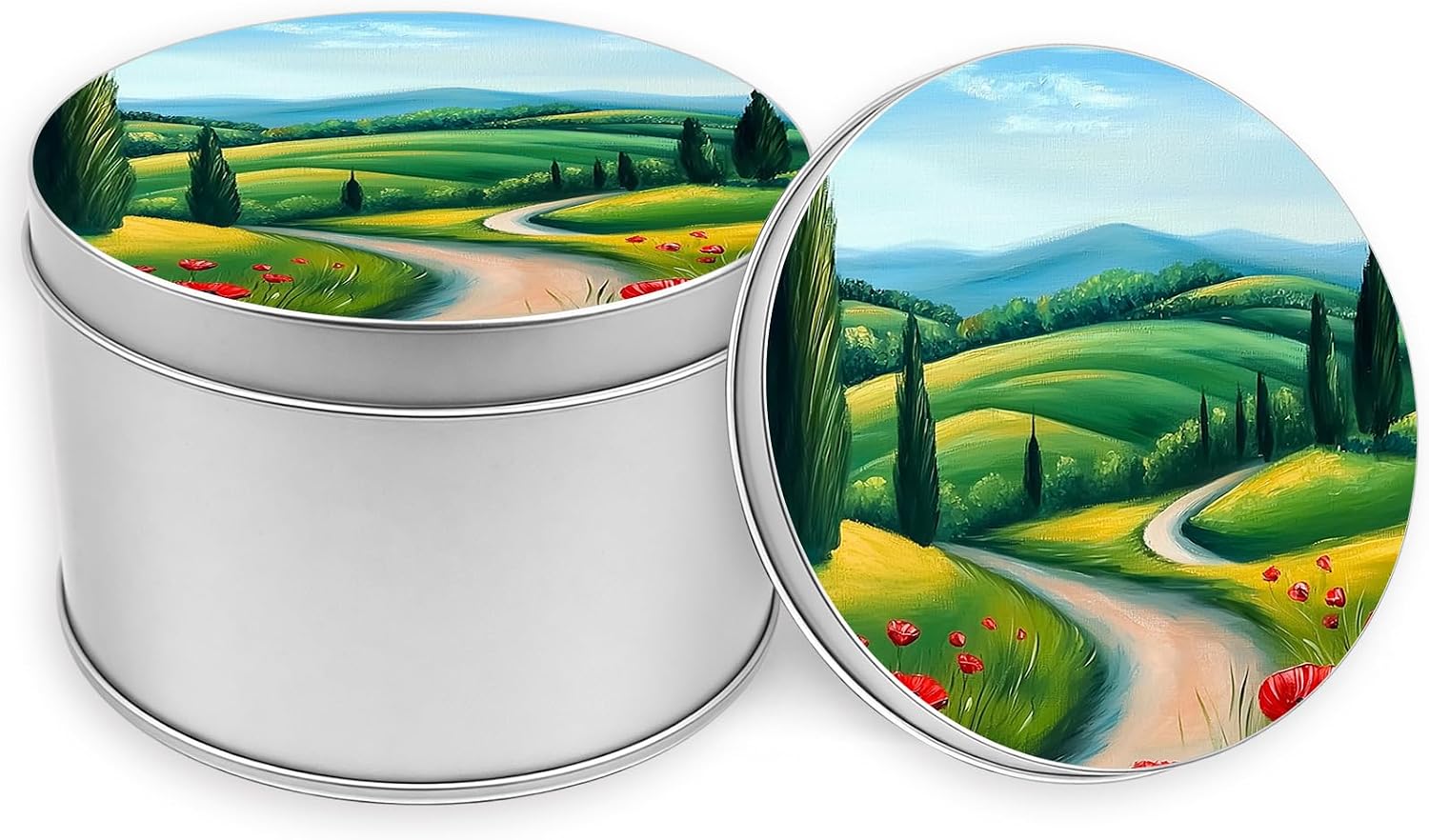 Round Metal Tin Box with Lid, Small Circular Storage Container 3.5 x 2.4 Inches for Jewelry Watch Keys Crafts Candles,Desk Organizer, Office Kitchen Counter,Beautiful Ltalian Landscape
