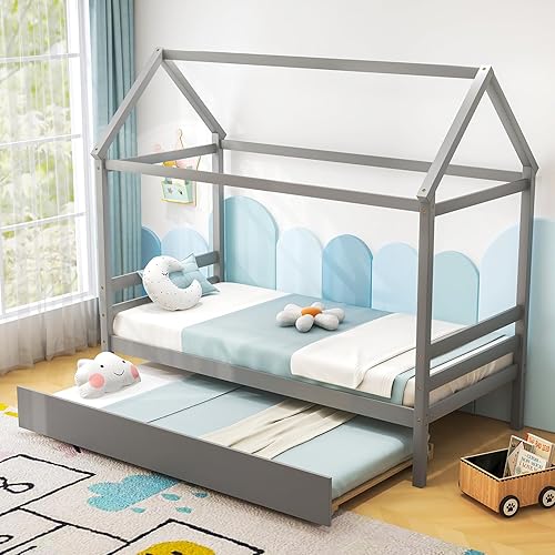 KOMFOTT Cama individual con nido, marco de cama de plataforma de madera maciza, cama para niños con techo para niñas y niños, no necesita somier,