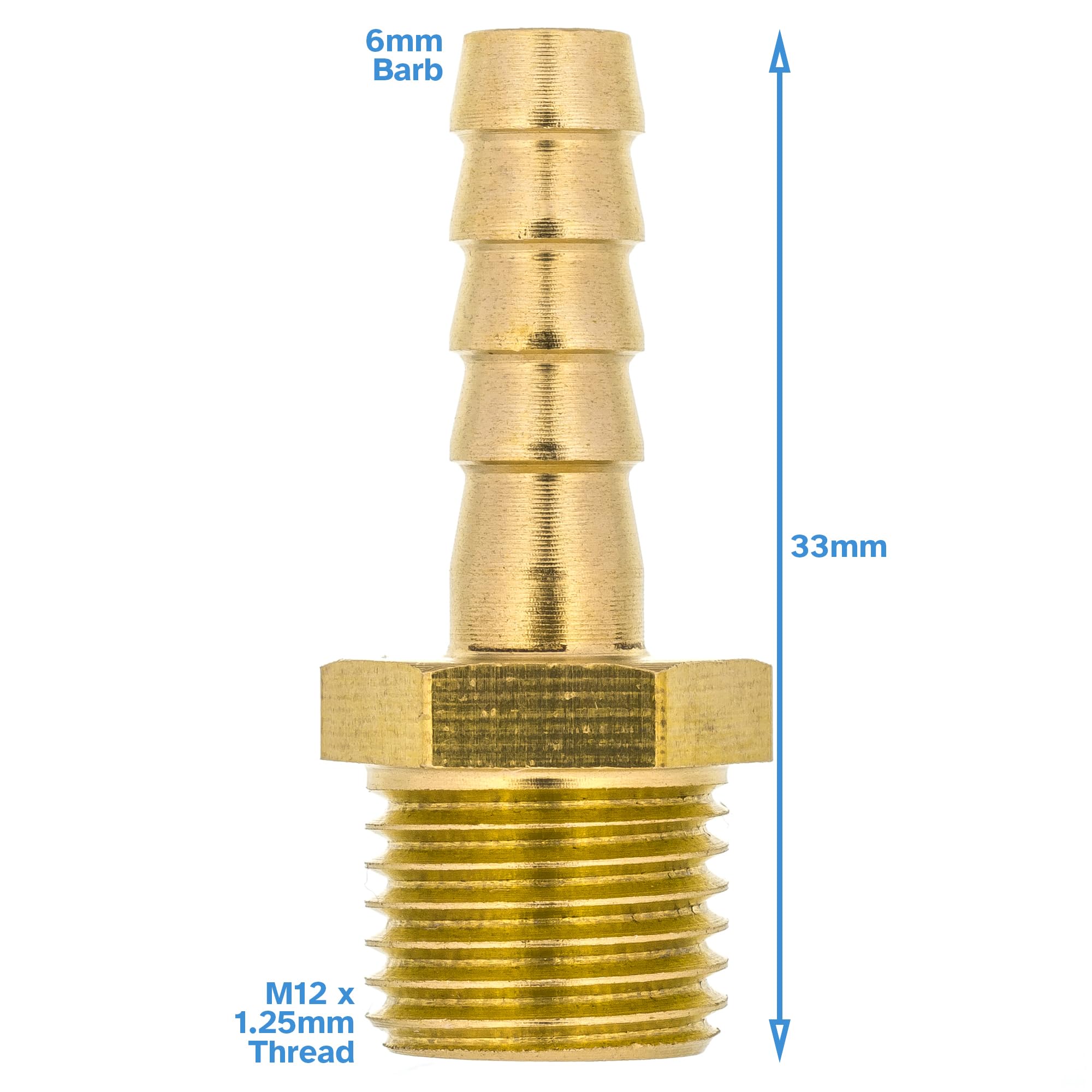 HALLMERS 3pcs Brass Barbed Fitting M12x1.25 Male Thread x 6mm Barb Hose Connector Metric Adapter Coupler