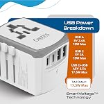 Ceptics Universal Travel Adapter 17.5W, 5 in 1 Universal Laptop Charger with 2X USB-A & USB-C 3.5A for Mobiles, Laptops, Cameras US, UK, EU, AU, All in 1 Type A, C, G, I Output, White