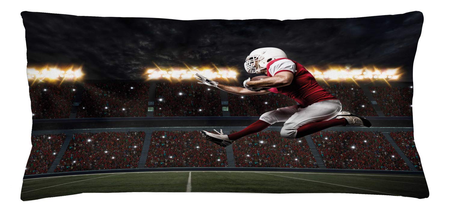 Lunarable Sports Throw Pillow Cushion Cover, Football Player in a Red Uniform Running on a Stadium Professional, Decorative Rectangle Accent Pillow Case, 36