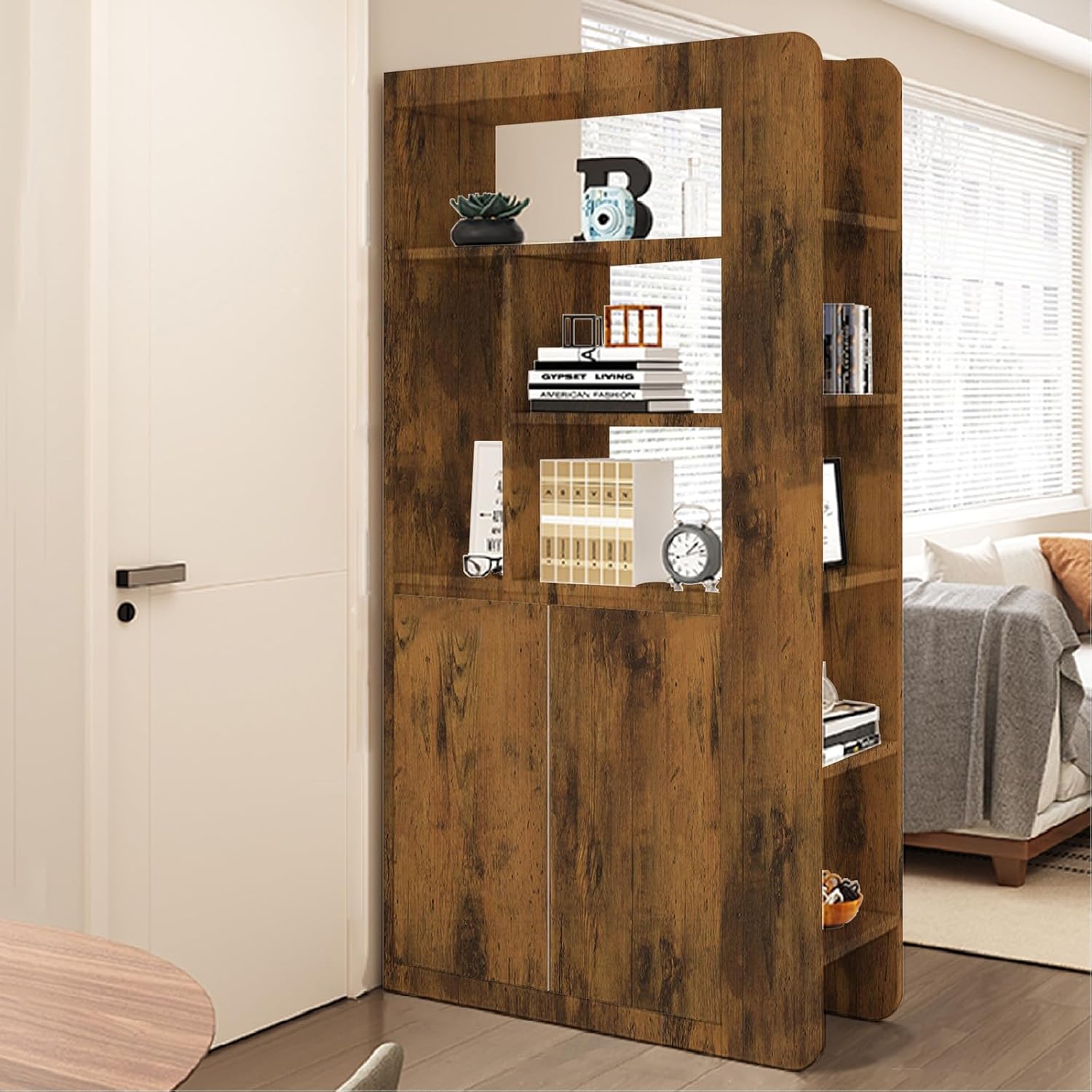 Wooden Entryway Cabinet with Hidden Shoe Storage, Freestanding Room Divider, Narrow Display Bookshelf, Open Shelving Unit for Entryway/Living Room/Bedroom/Office(39.4*13.8*74.8in, I-left)