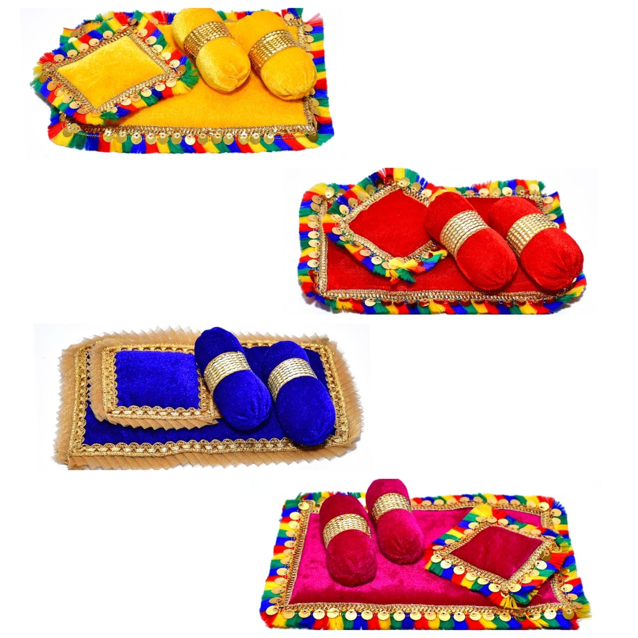 SAMRUDDHI Home Decor Laddu Bal Gopal Thakurji Bedding Set - Pack of 4 (Handcraft Aasan, Head & 2 Side Pillow Set) Krishna ji Bister | Ladoo Gopal Aasan - Cotton/Velvet Material (Design 1)-image-23
