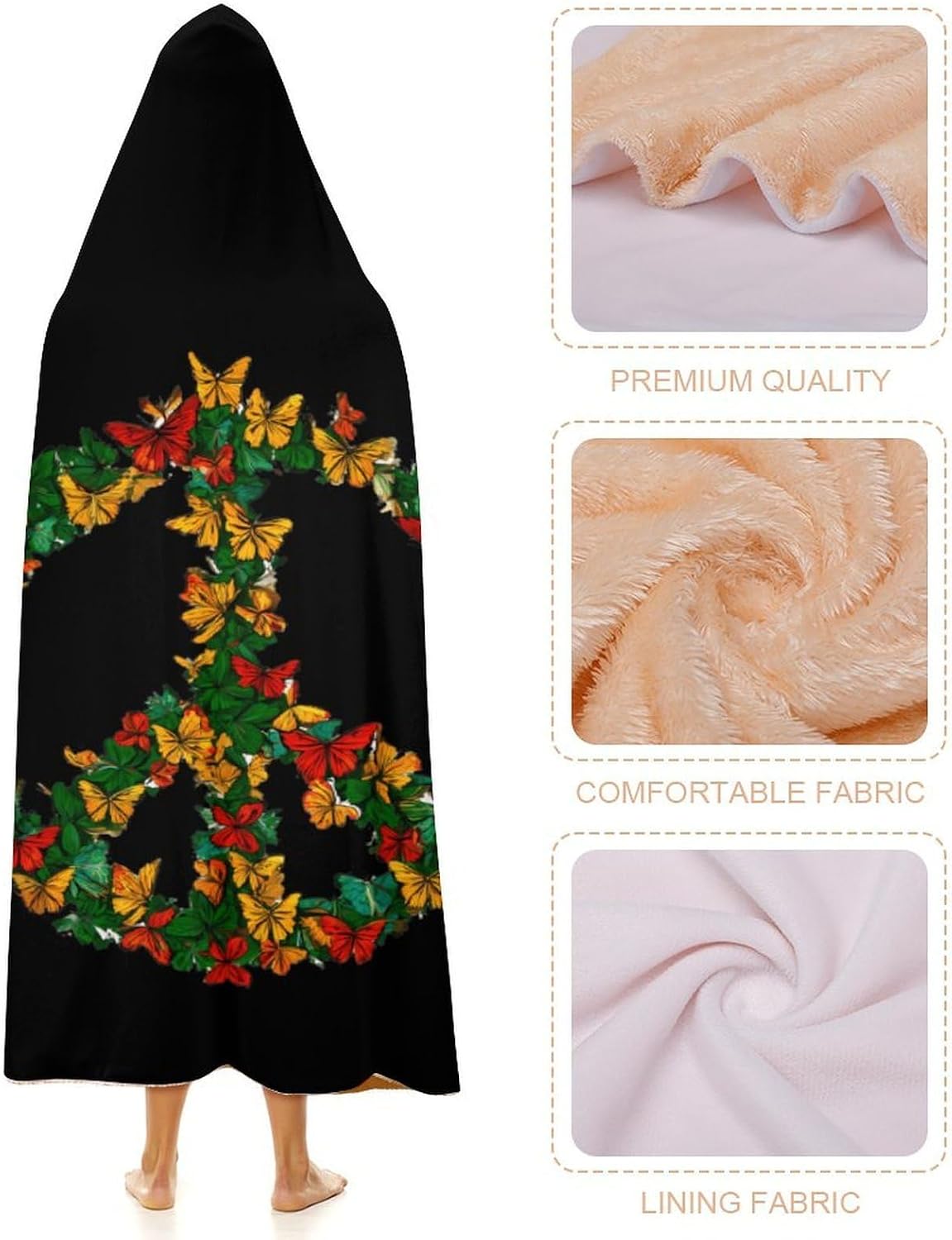 Peace Sign Wearable Blanket Oversized Throw Cape | Cozy Hooded Blanket Gifts for Women Men