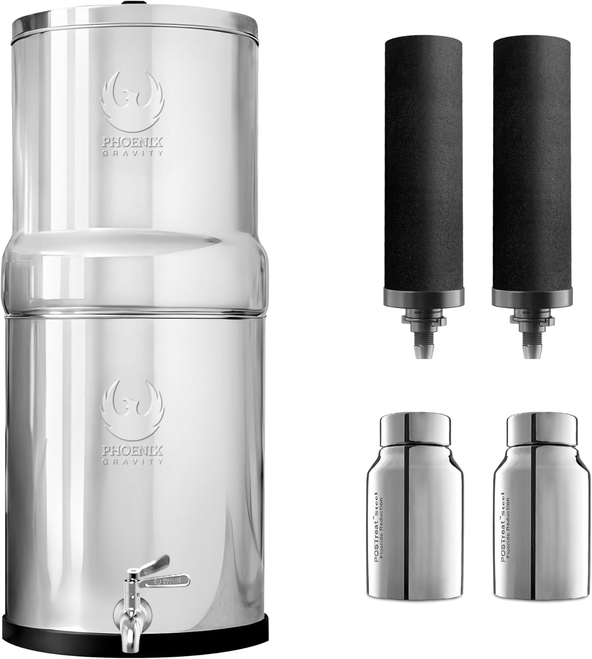 PHOENIX GRAVITY 6 Liter NSF/ANSI 42 & 372 Certified | AISI 304 Stainless Steel Water Filter with 2 Smart Carbon (Black) Filters, 2 POSTreat Steel Fluoride Removal Elements, Free Water Tap (6 L)