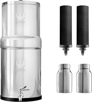 PHOENIX GRAVITY 6 Liter NSF/ANSI 42 & 372 Certified | AISI 304 Stainless Steel Water Filter with 2 Smart Carbon Black Filters, 2 POSTreat Steel Fluoride Removal Elements, Free Water Tap 6 L
