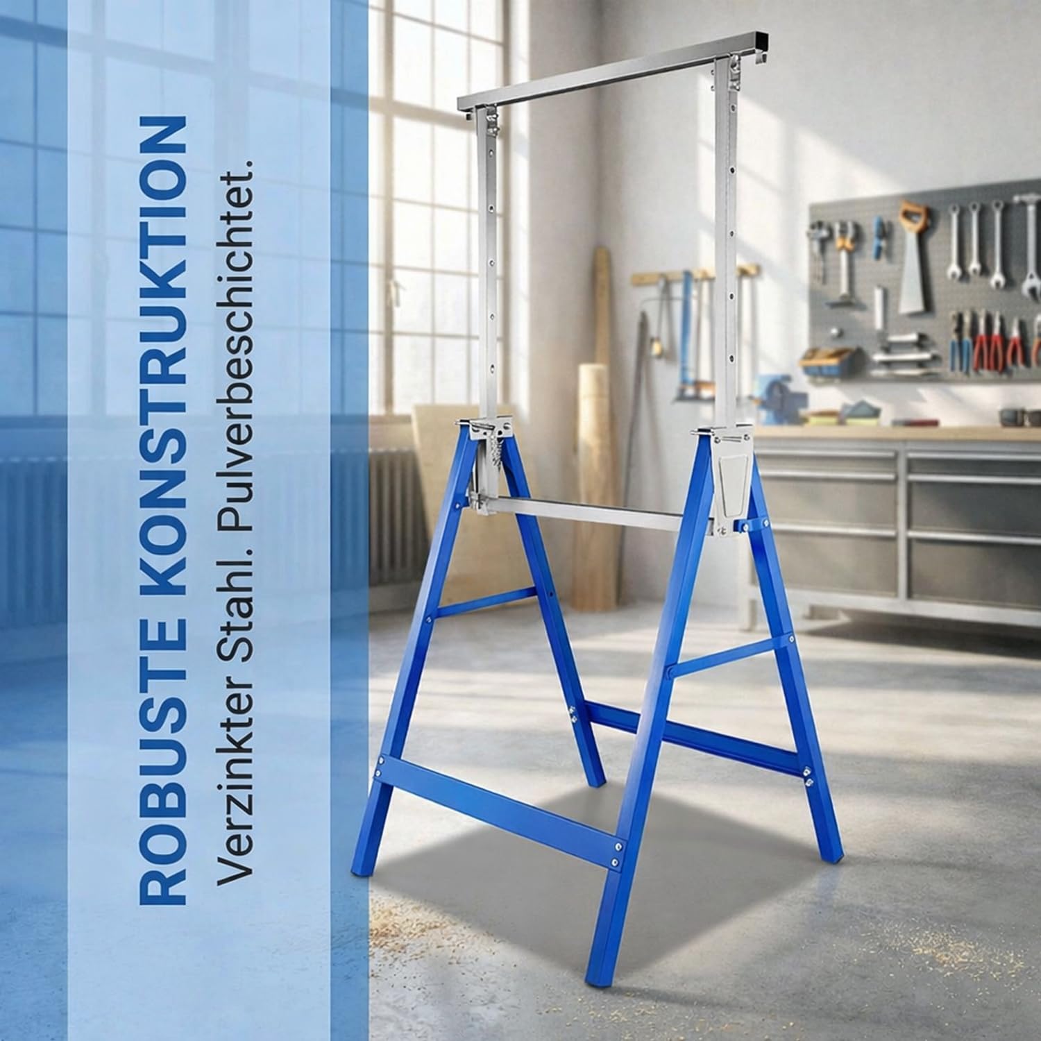 2 caballete plegable para andamios, capacidad de carga de 400 kg, 7 alturas, altura regulable de 80 a 130 cm, con gancho de sujeción, caballete telescópico de metal, color azul