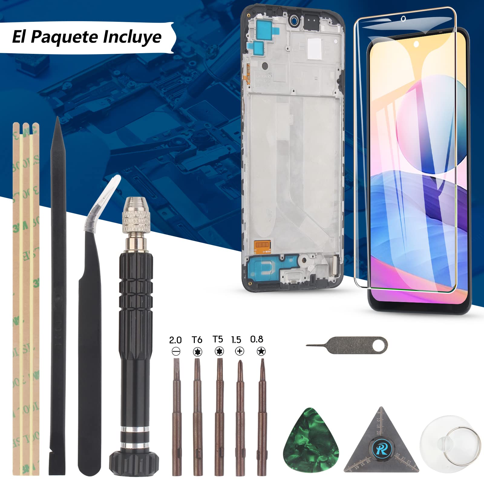RongZy para Xiaomi Redmi Note 10/Note 10s 4G LCD+Pantalla Táctil Digitalizador Asamblea Reemplazo +Reparación Herramientas(Negro con Marco)