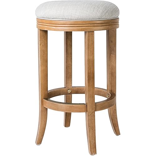 Maven Lane Eva 31 Inch Tall Bar Height Rotating Backless Barstool in Weathered Oak Finish with Sand Color Fabric Upholstered Seat