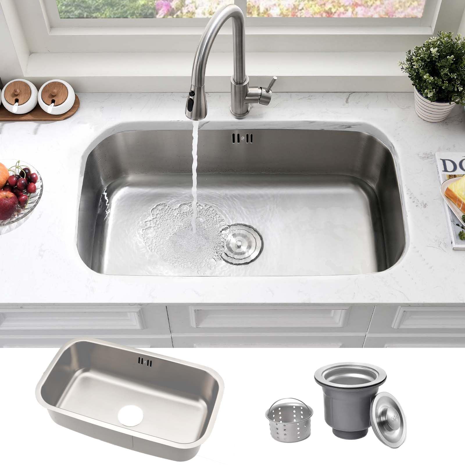 Bokaiya Undermount Single Bowl, 80x46cm Large Kitchen Sink Workstation, T304 Stainless Steel Kitchen Sink with Drain Assembly and Removable Strainer for Easy Cleaning（Brushed）