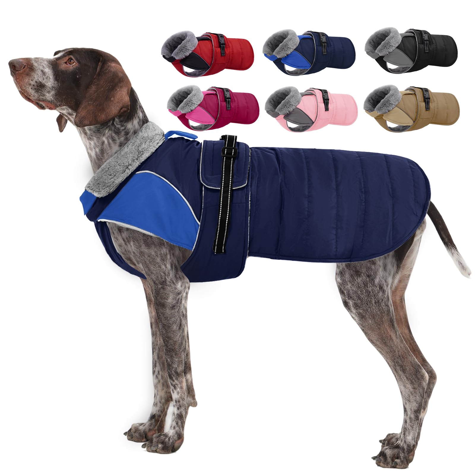 Nanaki Large Dog Coat for Winter Waterproof, Warm Fleece Lining Reflective Large Dog Jacket with Leash Hole, Furry Collar Cold Weather Puppy Vest Outdoor Walking Hunting Easy On Pet Snowsuit Blue 2XL — image 1