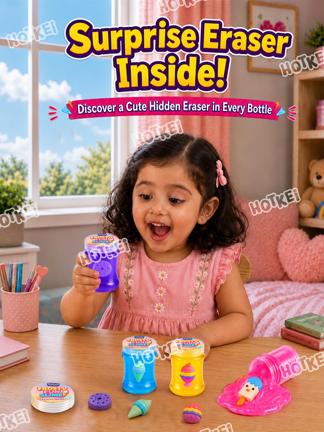 HOTKEI Frosty Fun Slime for Kids 3 to 10 Years Stretchable Slime with Surprise Cute Frosty Fun Eraser Inside Soft Non-Sticky DIY Slimy Fun Toy Birthday & Return Gift for Kids Girls & Boys Pack of 4 2
