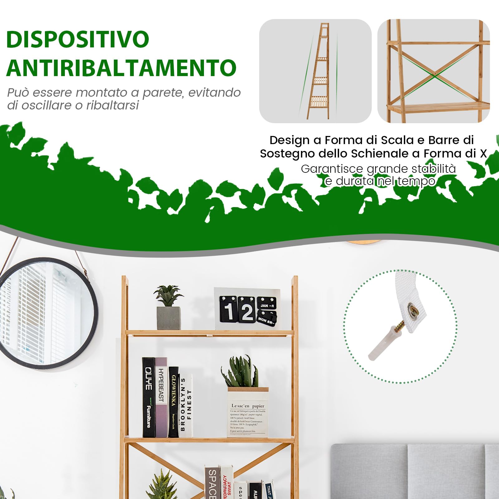 COSTWAY Scaffale a Scala in Bambù a 4 Piani, Supporto Multifunzionale per Piante con Dispositivo Anti-Ribaltamento, Ideale per Terrazza, Giardino, Balcone
