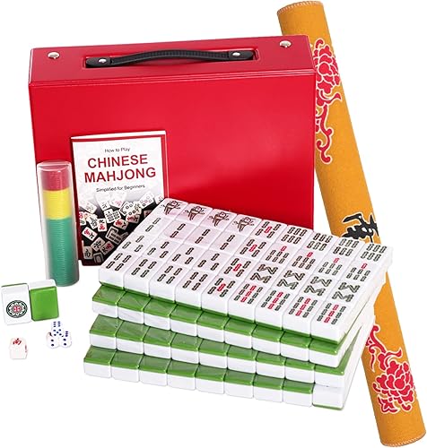 GUSTARIA Juego de mahjong chino con alfombrilla Mahjong, tamaño XL de 1.6 pulgadas de melamina duradera (verde), estuche de transporte completo