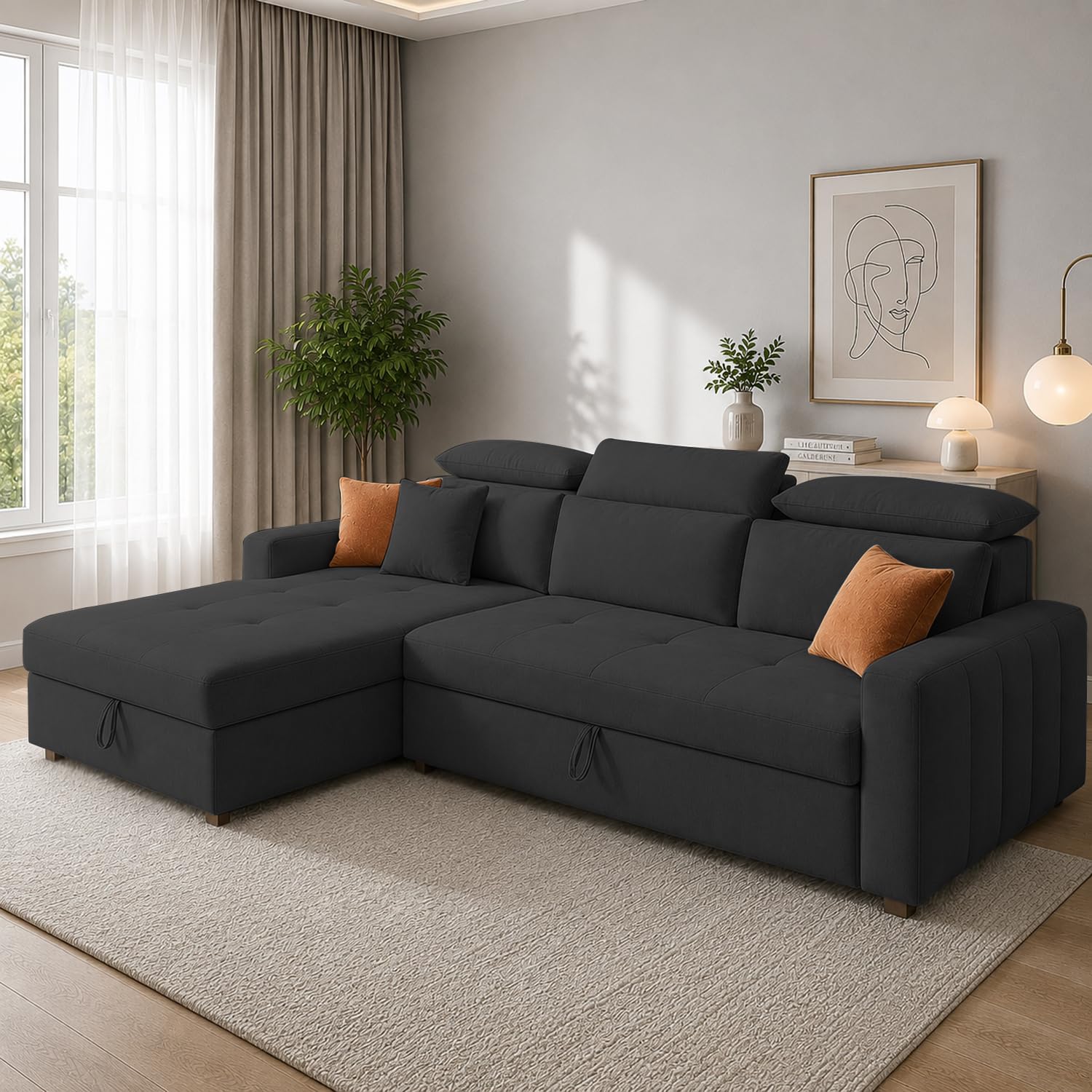 Casaliving Gagnon LHS 4 Seater L Shape Corner Sofa Cum Bed for Living Room with Storage (Black Fabric) Premium Fabric Sofa Cum Bed