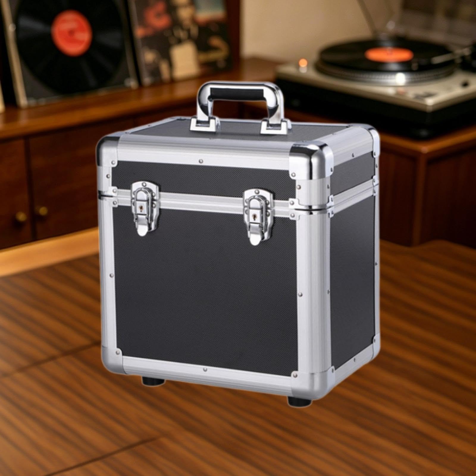 kowaku Scatola Porta Dischi Vinile Organizer Archiviazione Custodia Contenitore Alluminio Leggero con Manico Bloccabile per Collezionisti Appassionati DJ Ada, Nero S