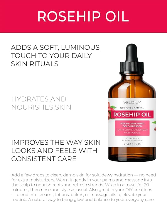 velona Rosehip Oil - 4 fl oz, Cold Pressed, Pure and Natural, with Dropper