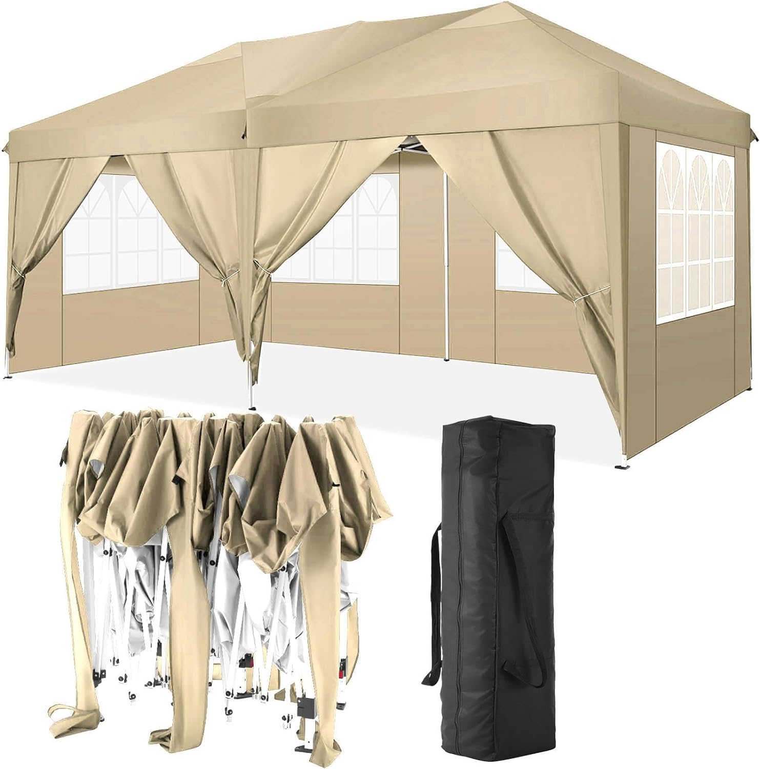 TOOLUCK 10x20 Pop Up Canopy Tent with 6 Sidewalls Waterproof Outdoor Party Tent Ez Up Canopy Tents for Parties Camping Commercial Event Gazebo Portable Tent for Backyard Wedding, Khaki