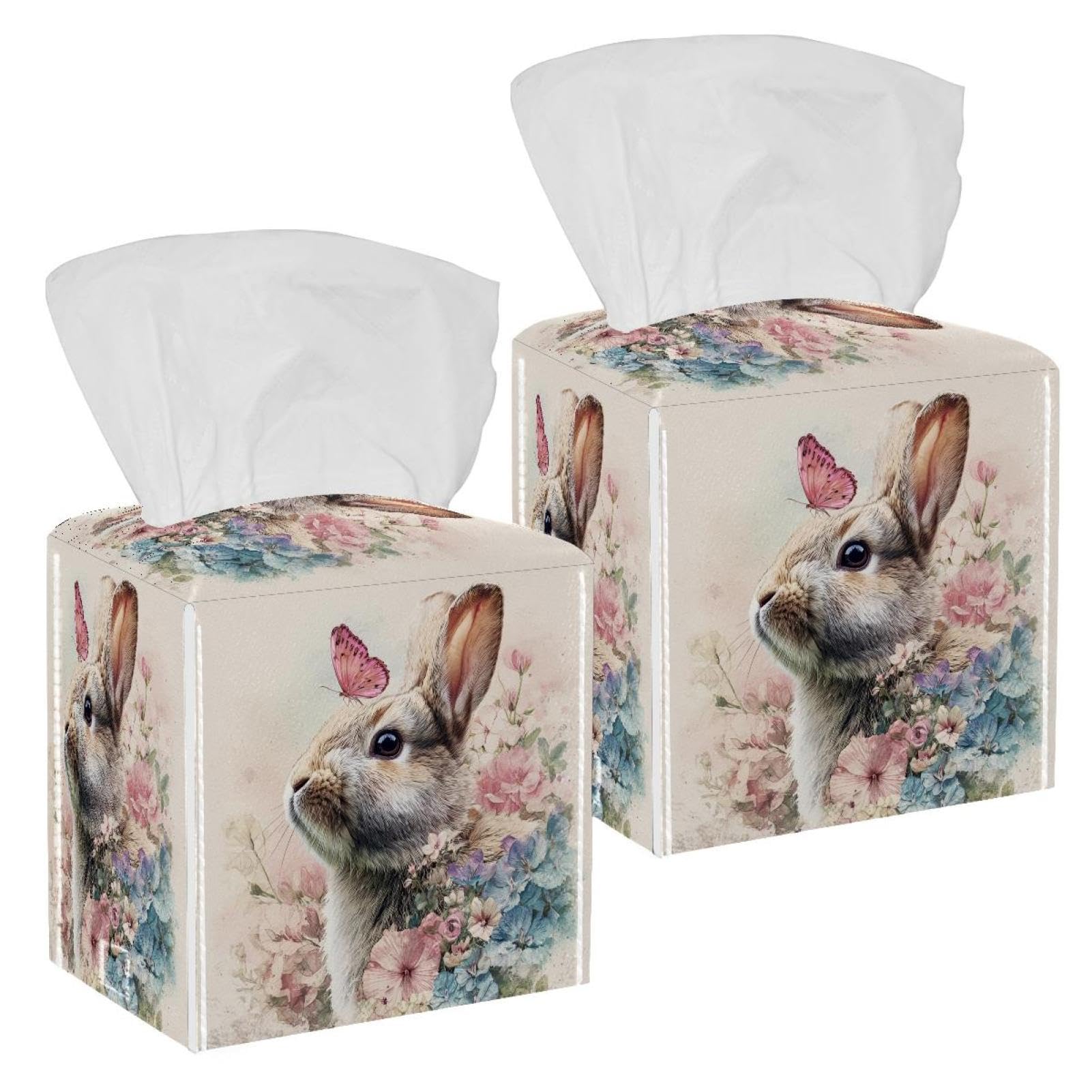 Butterfly and Rabbit Tissue Box Cover, 2 Pack PU Leather Square Facial Tissue Dispenser Box holder for Home Office Car