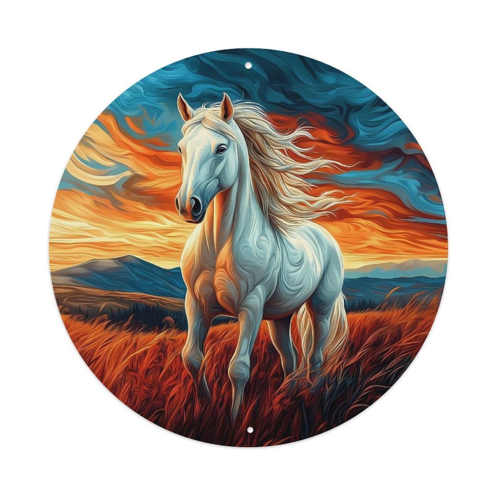Horse Wild Stallion Running in Wind at Sunset Abstract Expressionism Vintage Metal Tin Sign Plaque Wall Decor for Cafe, Club Bar, Office, Garden Metal Poster 8x8Inch