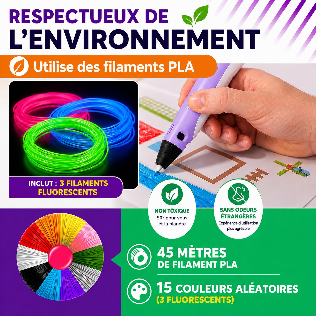 Stylo 3D de précision | Kit complet avec 45 m de filament PLA (15 couleurs) 3 fluorescents | Vitesse réglable | Outil pour travaux manuels et réparations Pen 3D