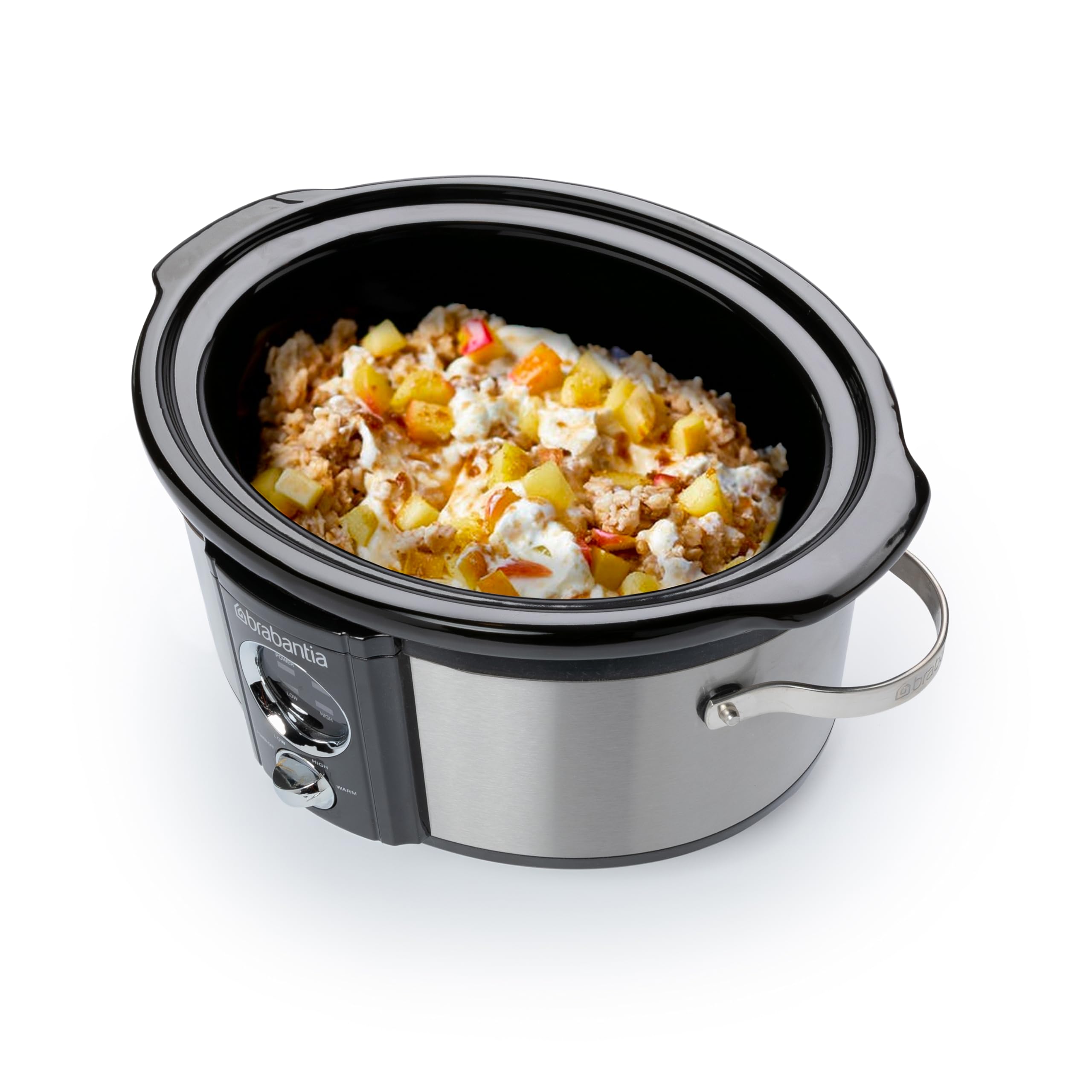 Brabantia Slow Cooker, 3.5 Literm Antihaftbeschichtung, drei verschiedene Heizstufen, Kontrollleuchte, abnehmbarer Topf, geeignet für 4 Personen, 180 Watt, Edelstahl, BBEK1081