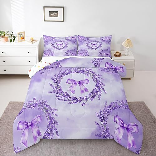 Erosebridal Lavender Flower Queen Comforter Set,Purple Bowknot Bedding Sets for 