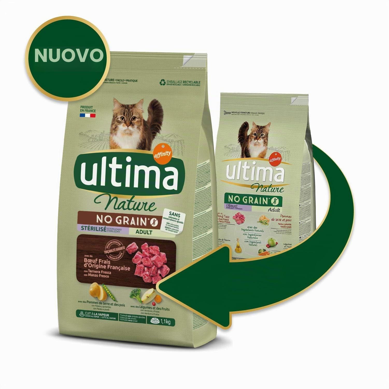 Ultima Nature No Grain Cibo per Gatti Sterilizzati senza Grano con Manzo: Confezione da 8 x 1.1 kg - Totale: 8.8 kg