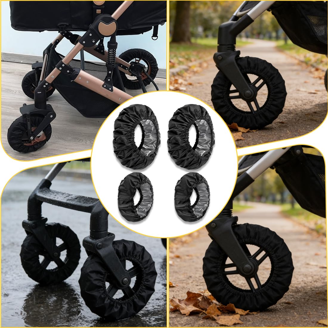 Copriruota per Passeggino in Tessuto Oxford 4 Pezzi, Coperture di Protezione Ruote, Nero